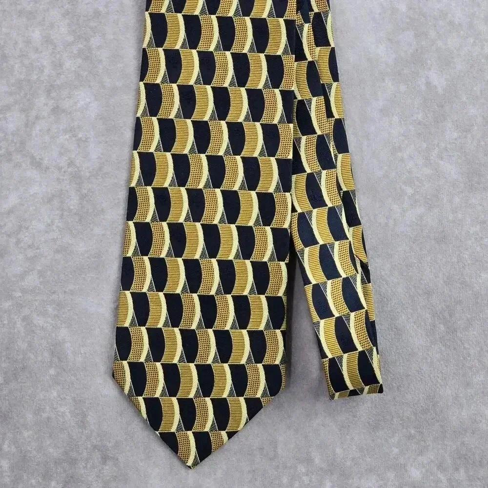 Jun Ashida Gold Blue Geometric‎ 100% Silk Neck Tie NWOT